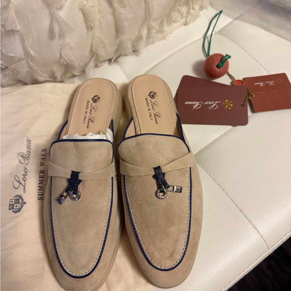 Loro Piana Beige Suede Mules with Navy Trim